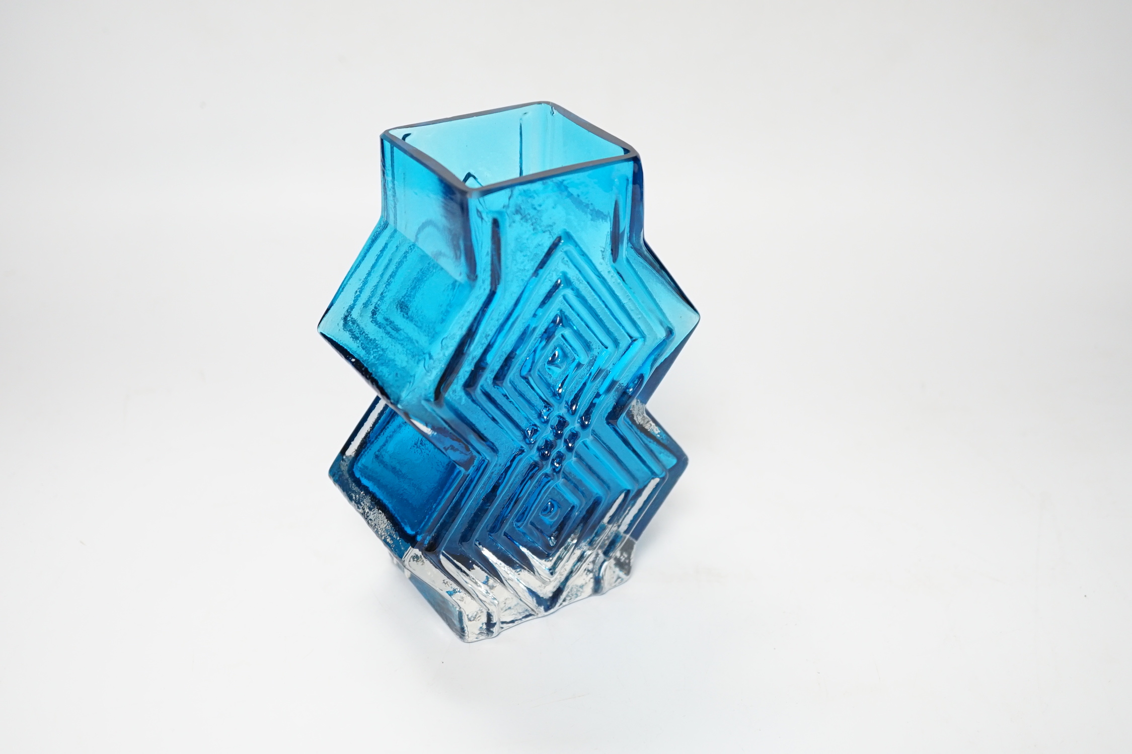 A Geoffrey Baxter for Whitefriars double diamond vase in kingfisher blue, 16cm high